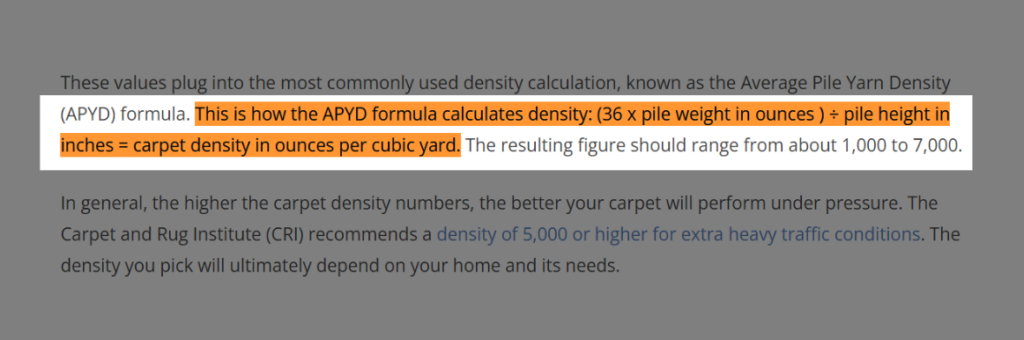 Average Pile Yarn Density APYD formula