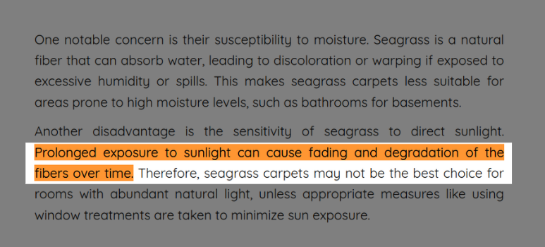  seagrass rugs are exposed to the sun for long