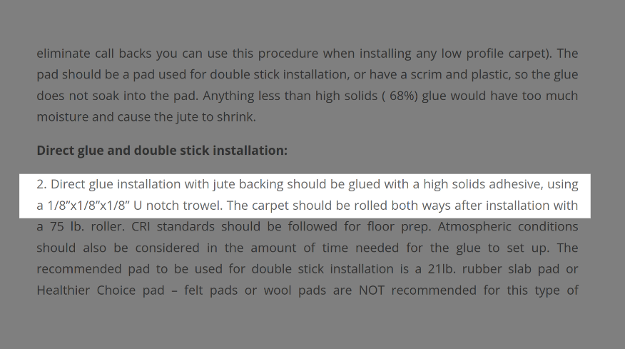 NFIC suggests that you use a ⅛"/⅛"/⅛" sized U-notch trowel