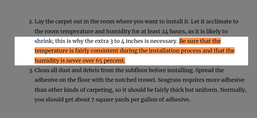 keep your room's temperature consistently 65% for at least 48 hours while installing