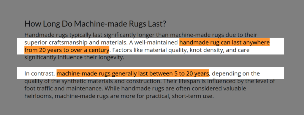 machine-made rugs generally last between 5 to 20 years