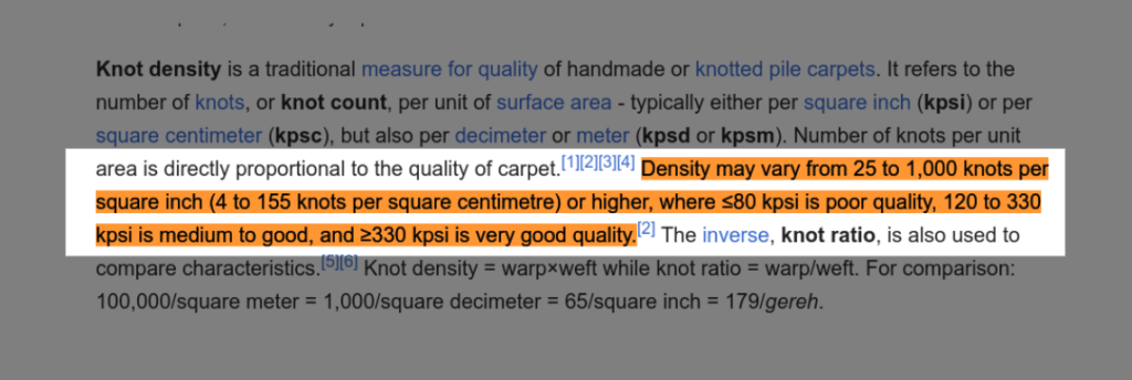 Hand-knotted rugs have a knot density ranging from 25 to over 1,000 knots per square inch